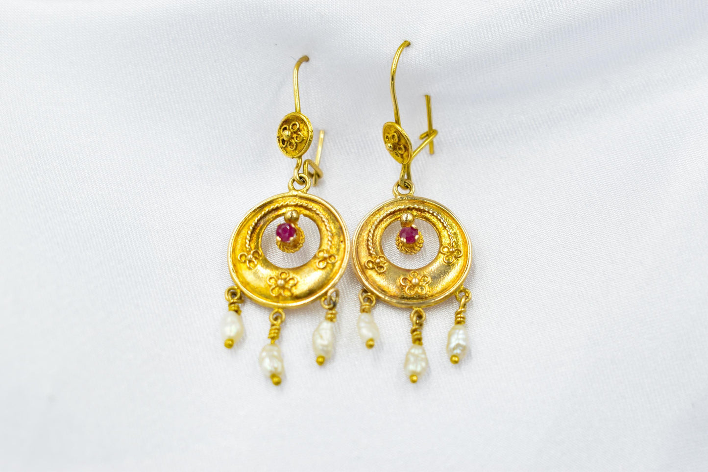 Σκουλαρίκια Boho με Ρουμπίνι & Μαργαριτάρια Κ14