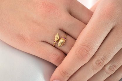 Χειροποίητο Δαχτυλίδι με Λιοντάρι με Ουρά & Κόκκινα Ζιργκόν