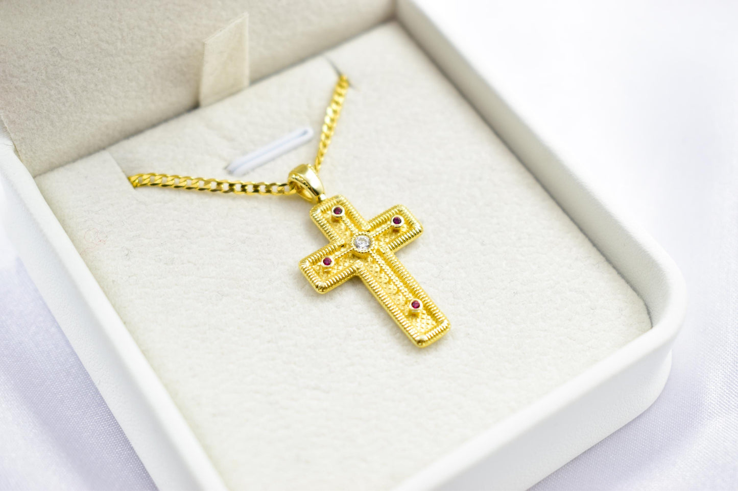 γυναικα 14K Gold Orthodox Cross Pendant with Red & White Zircons | Double-Sided Design,Handmade Religious Jewellery | Baptism Gift Ready, 14K Chain