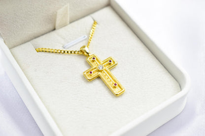 γυναικα 14K Gold Orthodox Cross Pendant with Red & White Zircons | Double-Sided Design,Handmade Religious Jewellery | Baptism Gift Ready, 14K Chain