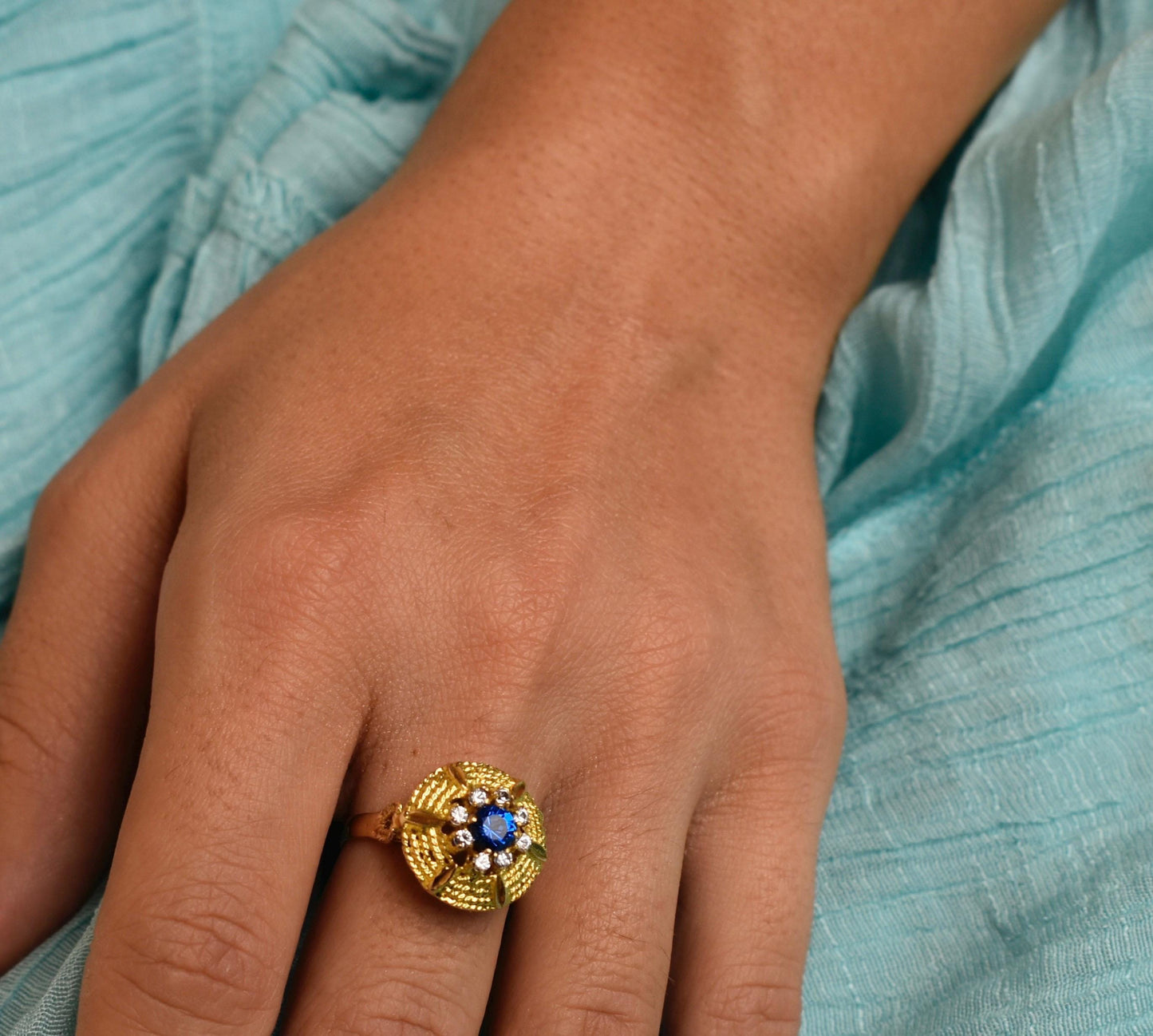 14K Solid Gold Ring with Blue and White Zirccon Accents,Circular Pyramid Style,Handcrafted Jewelry,Luxury Accessories,Exclusive Greek Ring