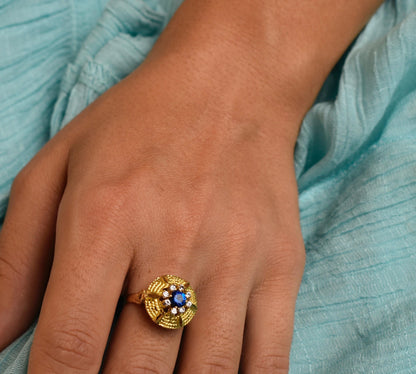 14K Solid Gold Ring with Blue and White Zirccon Accents,Circular Pyramid Style,Handcrafted Jewelry,Luxury Accessories,Exclusive Greek Ring