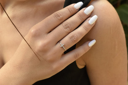14K White Solid Gold Ring,Cross Ring,Thin Band Ring,Zircon Ring,Elegant Jewelry,Unique Fashion Ring,Handmade Gold Ring,Cross Ring for Her