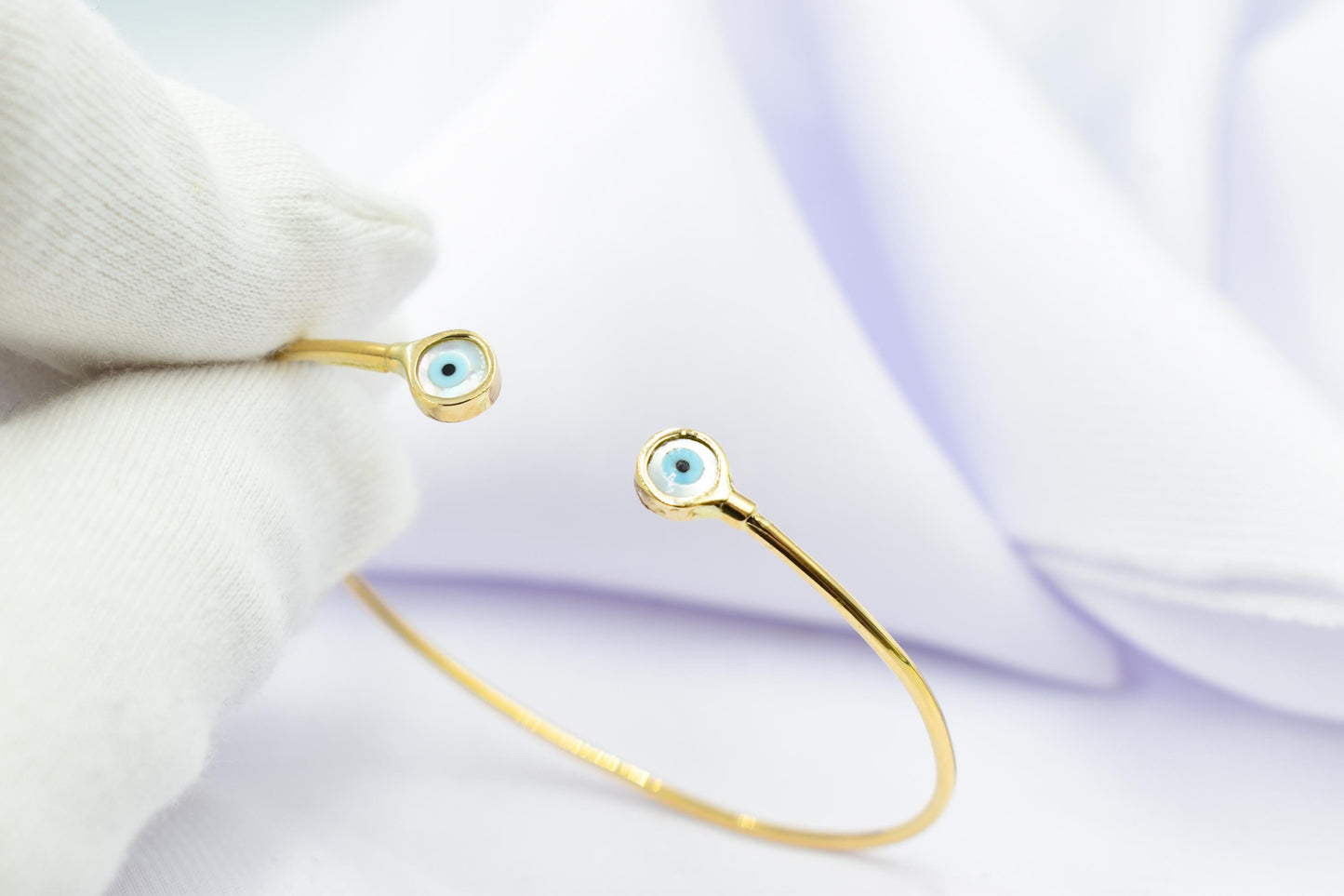 14K Gold Evil Eye Bracelet,Bangle Mother of Pearl Evil Eye,Lucky Bracelet,Blue Eye Bangle,Protective Gift for Everyday Use,Gold Eye Bracelet
