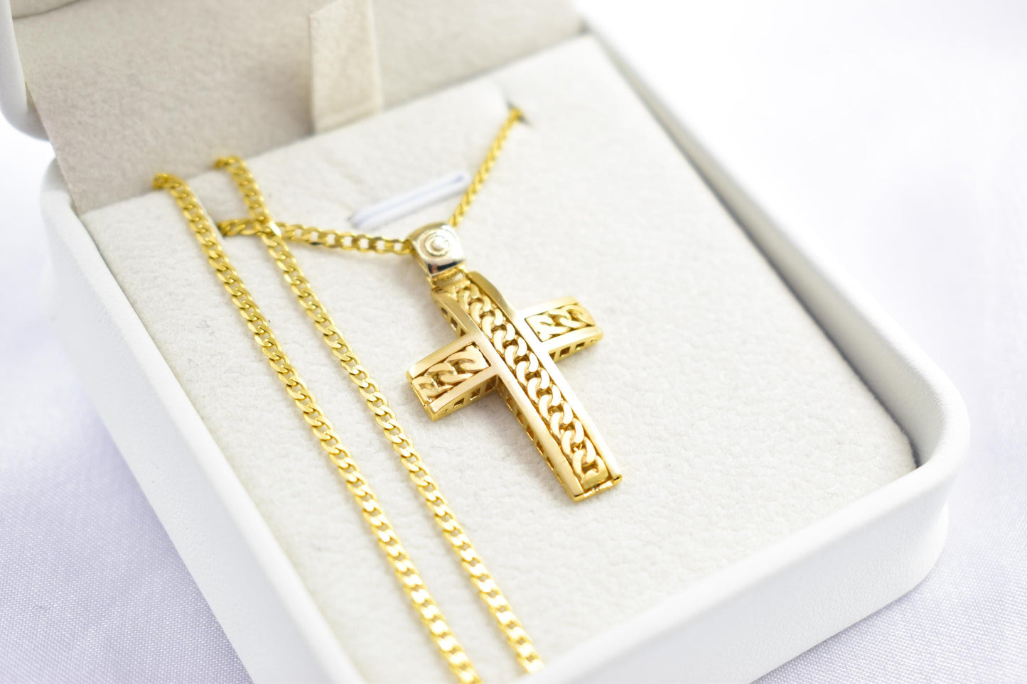Ανδρικοί Σταυροί 14K Gold Solid Cross Pendant with Cuban Chain Design | Reversible Design | Handmade Christian Jewellery,Men’s & Women’s Option ,Baptism Gift