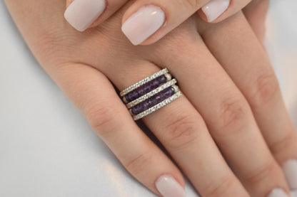 18K Solid Gold Ring with Two Rows of Rotating Amethysts,Elegant Unique Design Stackable Jewellery Ring,18K Wedding Ring for Her