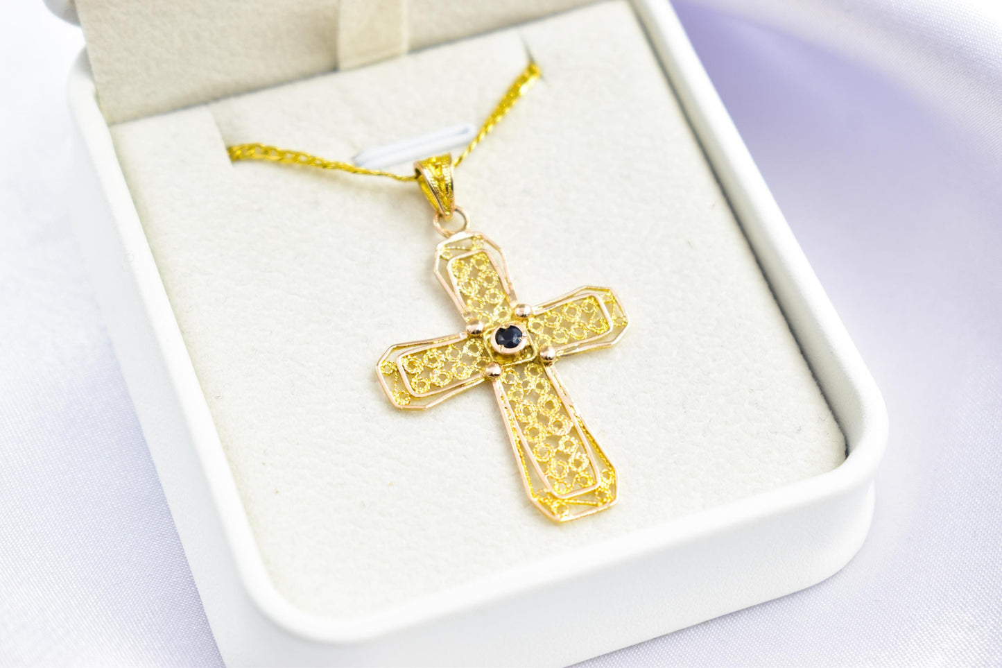 γυναικα Byzantine 14K Gold Cross with Natural Sapphire | Handmade Filigree Orthodox Pendant | Baptism Gift | Unisex Necklace with Optional 14K Chain