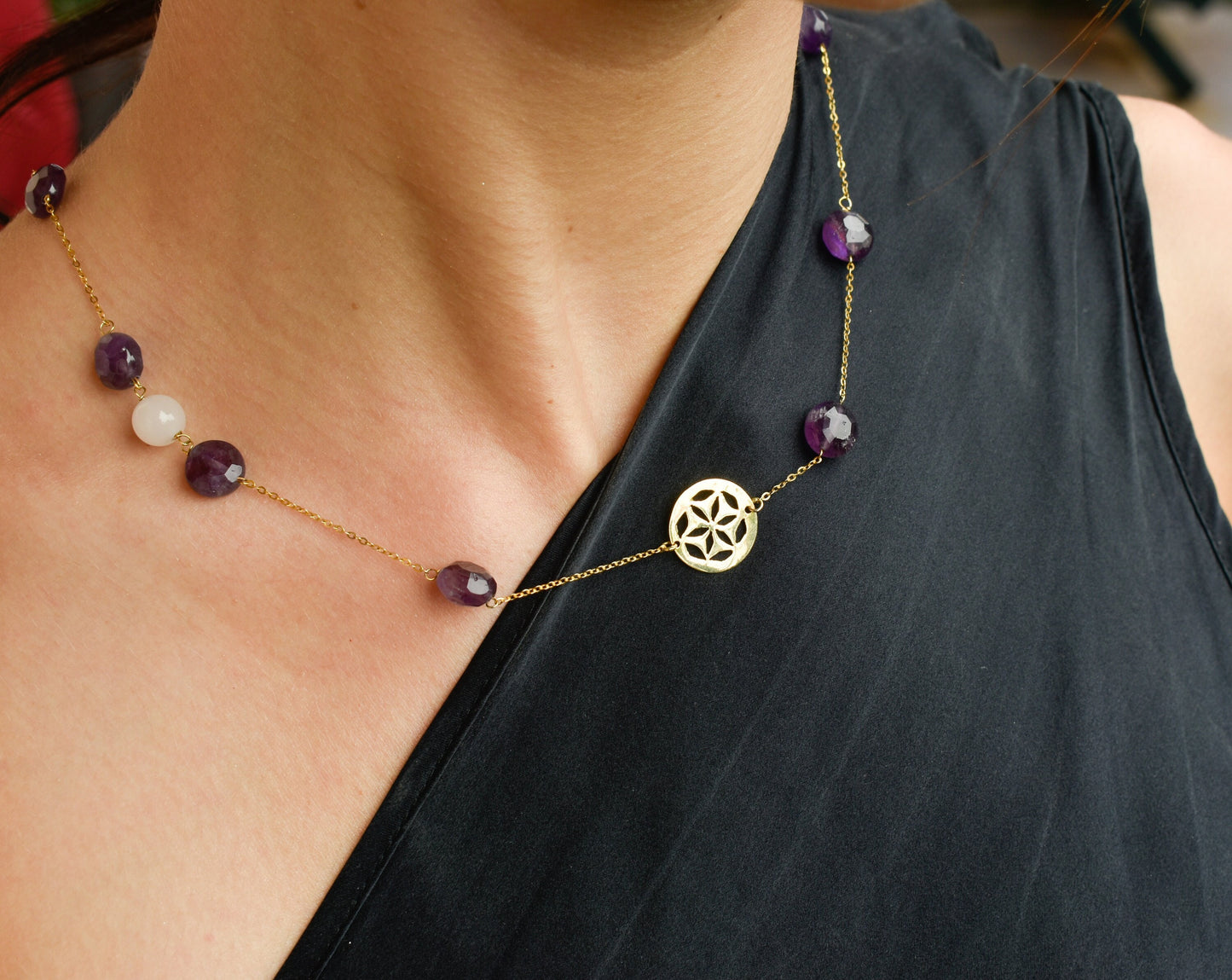 Χρυσό Κολιέ με Αμέθυστους και Μοτίβο 14Κ