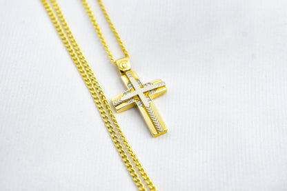 γυναικα 14K Solid Gold Embossed Cross Necklace with Zircon,Christian Pendant, Religious Gold Cross,14K Gold Baby Shower Cross Charm,Protective Gift
