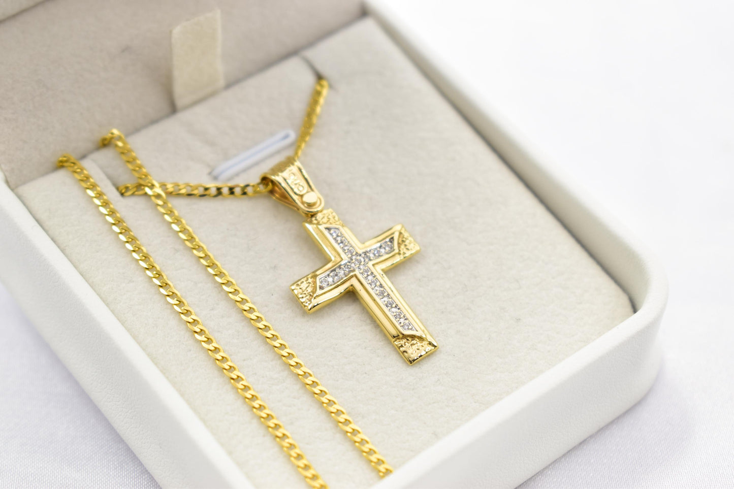 γυναικα 14K Solid Gold Cross Pendant with Zircon Stones – Unisex Baptism Religious Necklace Gift for Him or Her