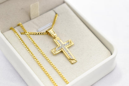 γυναικα 14K Solid Gold Cross Pendant with Zircon Stones – Unisex Baptism Religious Necklace Gift for Him or Her