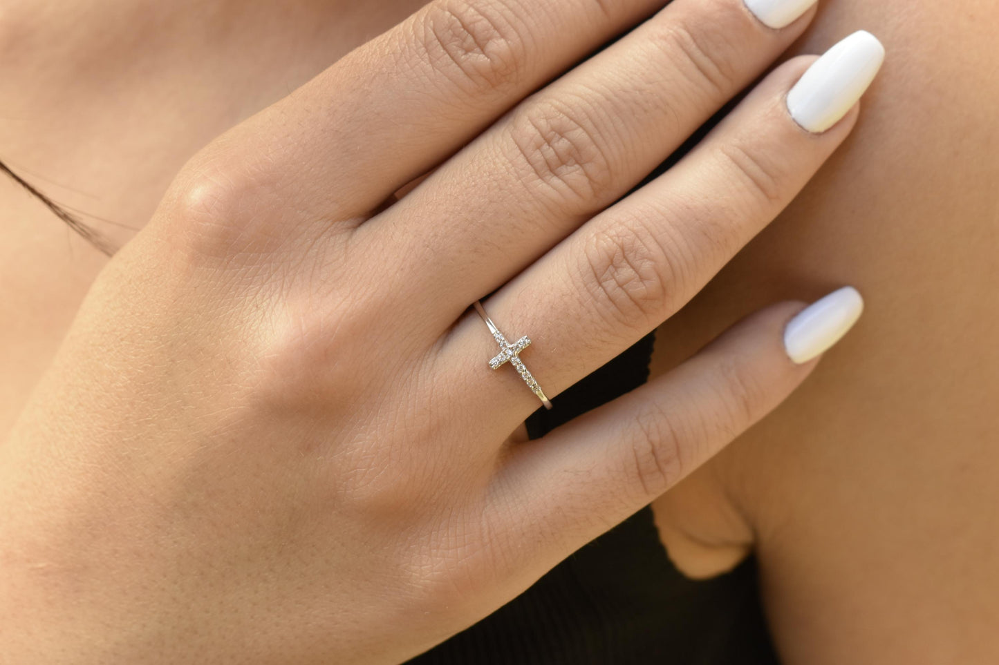 14K White Solid Gold Ring,Cross Ring,Thin Band Ring,Zircon Ring,Elegant Jewelry,Unique Fashion Ring,Handmade Gold Ring,Cross Ring for Her