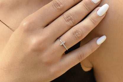 14K White Solid Gold Ring,Cross Ring,Thin Band Ring,Zircon Ring,Elegant Jewelry,Unique Fashion Ring,Handmade Gold Ring,Cross Ring for Her