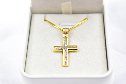 γυναικα 14K Gold Cross Pendant with Zircon Stones | Handcrafted Christian Jewellery | Minimal Design Cross | Women’s Men’s Gold Cross ,Baptism Gift