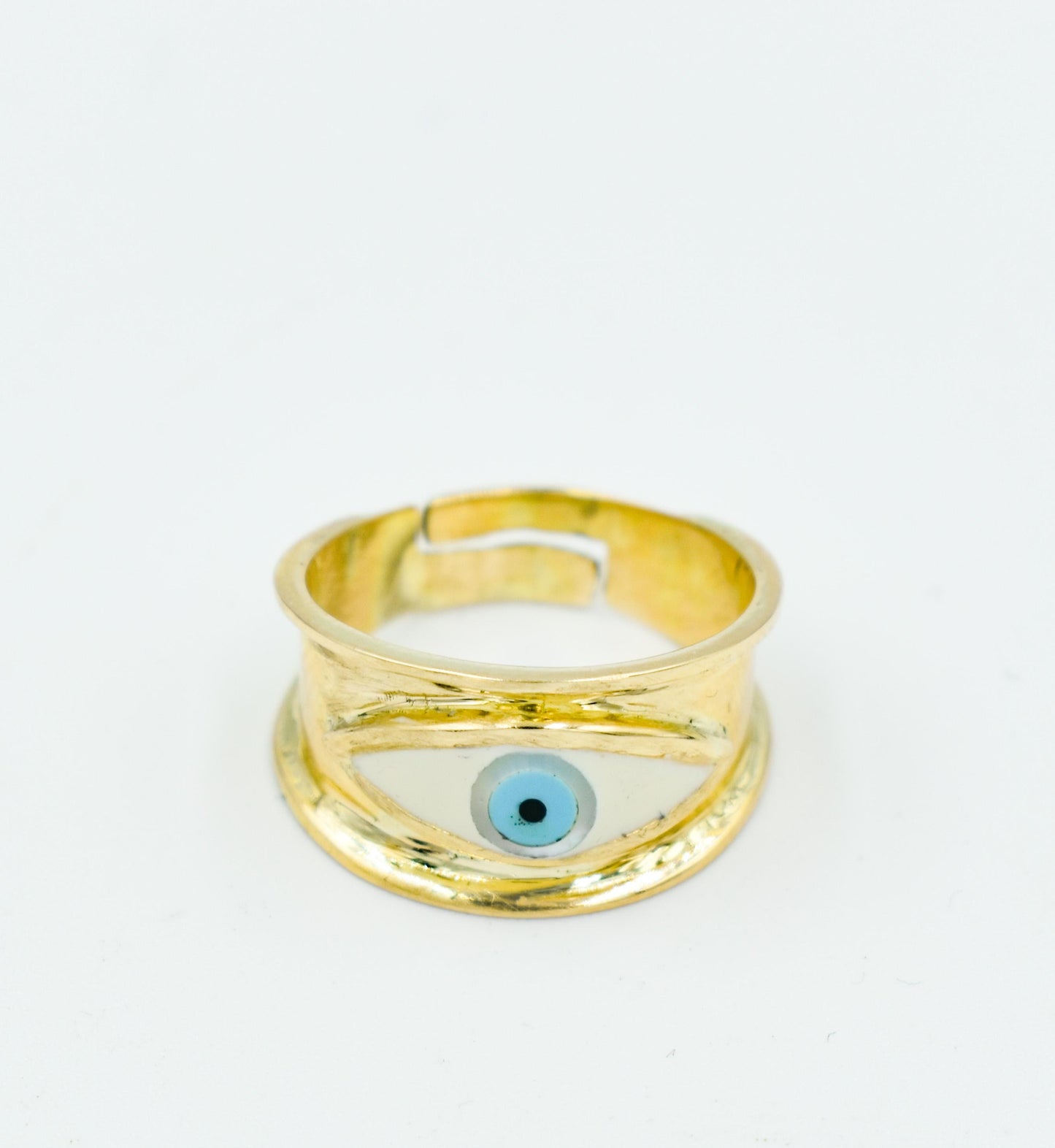 Χειροποίητο Δαχτυλίδι με Λευκό Σμάλτο Μάτι Κ14 - Αυξομειούμενο
