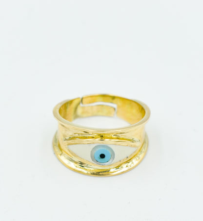 Χειροποίητο Δαχτυλίδι με Λευκό Σμάλτο Μάτι Κ14 - Αυξομειούμενο