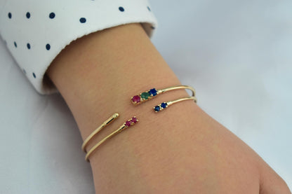 14K Gold Bracelet with Natural Ruby-Emerald-Sapphire,Dainty Cuff Bangle,Perfect Gift for Her,Minimalist Bracelet,Wedding & Engagement Jewel
