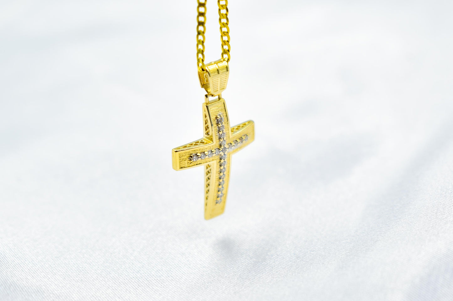γυναικα 14K Gold Cross Pendant with Zircon Stones | Handcrafted Christian Jewellery | Dual-Sided Design | Includes 14K Gold Chain,Baptism Gift