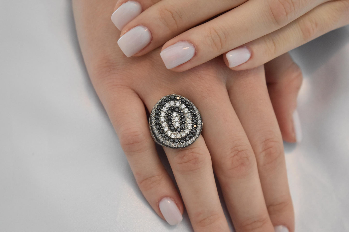 14K Solid White Gold Ring,White and Black Zircon,Wedding & Engagement Ring,Statement Ring,Ring for Mom and Her