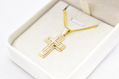 γυναικα 14K Solid Gold Cross Pendant with White Gold Detail and Cubic Zirconia – Elegant Religious Necklace for Men & Women