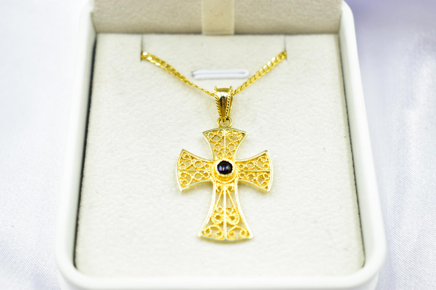 γυναικα Byzantine 14K Gold Cross with Natural Sapphire | Handmade Filigree Orthodox Pendant | Baptism Gift | Unisex Necklace with Optional 14K Chain