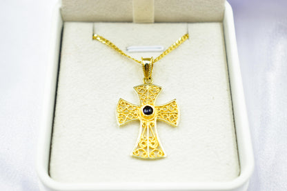 γυναικα Byzantine 14K Gold Cross with Natural Sapphire | Handmade Filigree Orthodox Pendant | Baptism Gift | Unisex Necklace with Optional 14K Chain