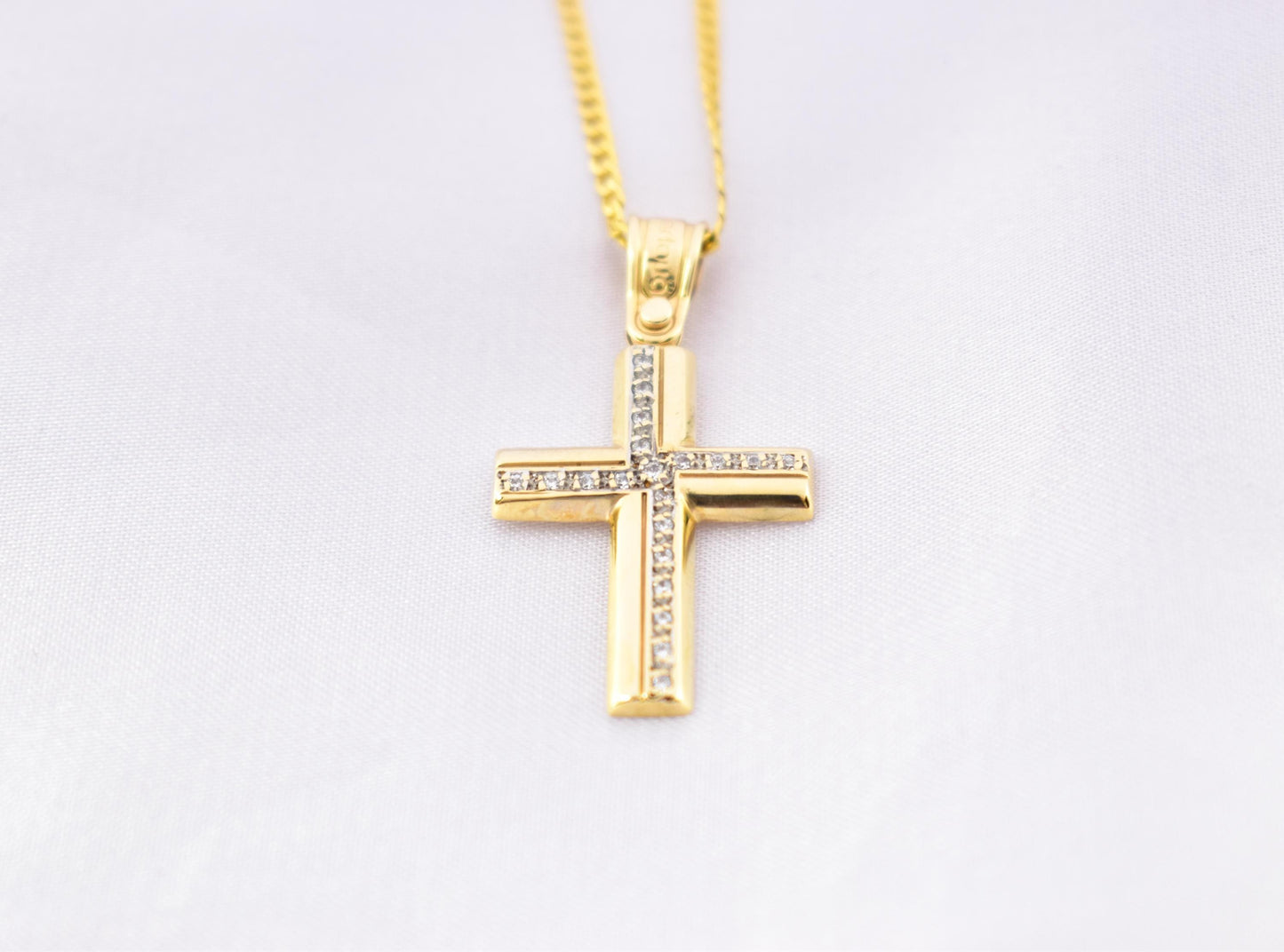γυναικα 14K Gold Cross Pendant with Zircon Stones | Handcrafted Christian Jewellery | Minimal Design Cross | Women’s Men’s Gold Cross ,Baptism Gift