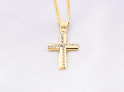 γυναικα 14K Gold Cross Pendant with Zircon Stones | Handcrafted Christian Jewellery | Minimal Design Cross | Women’s Men’s Gold Cross ,Baptism Gift
