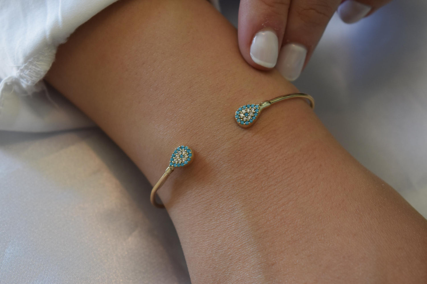 14K Gold Evil Eye Bangle Bracelet,Turquoise Bangle,Zircon Bangle Bracelet,Adjustable Bracelet,Gift for Her,Dainty Bracelet for Mom & Her