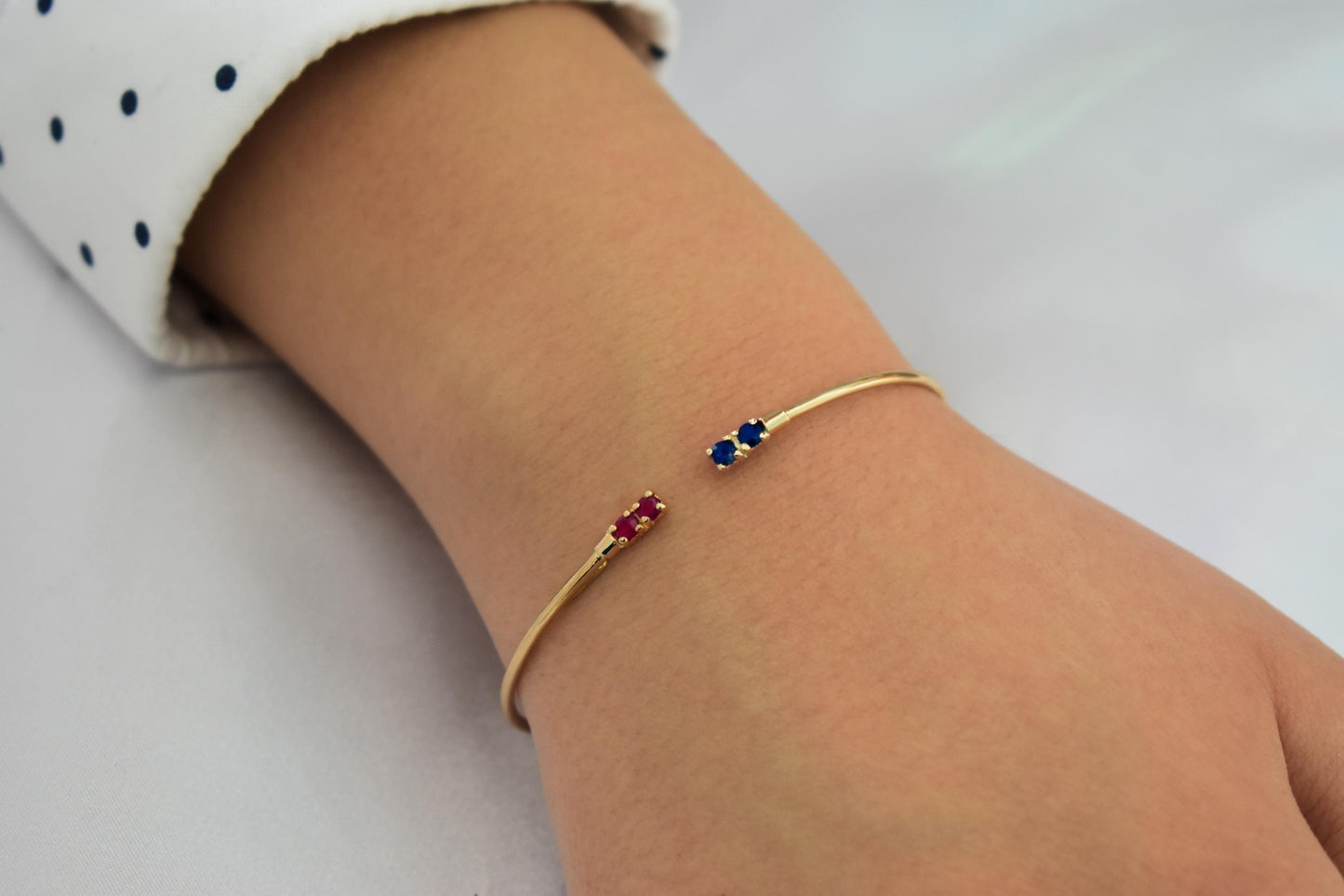 14K Gold Birthstone Cuff Bangle Bracelet,Natural Ruby and Sapphire Bracelet,Exclusive Minimalist Bracelet,Wedding & Engagement Gift for Her