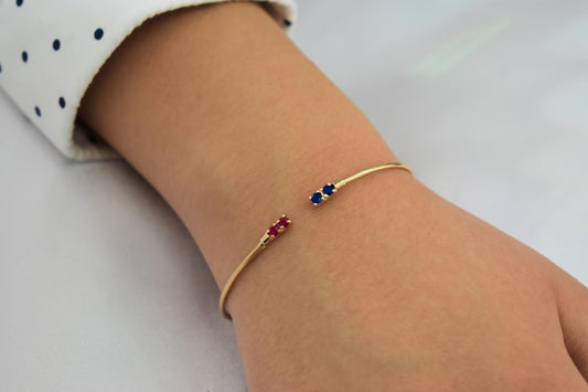 14K Gold Birthstone Cuff Bangle Bracelet,Natural Ruby and Sapphire Bracelet,Exclusive Minimalist Bracelet,Wedding & Engagement Gift for Her