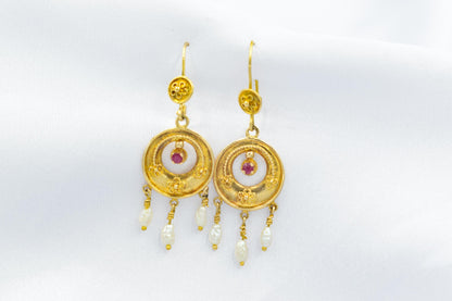 Σκουλαρίκια Boho με Ρουμπίνι & Μαργαριτάρια Κ14