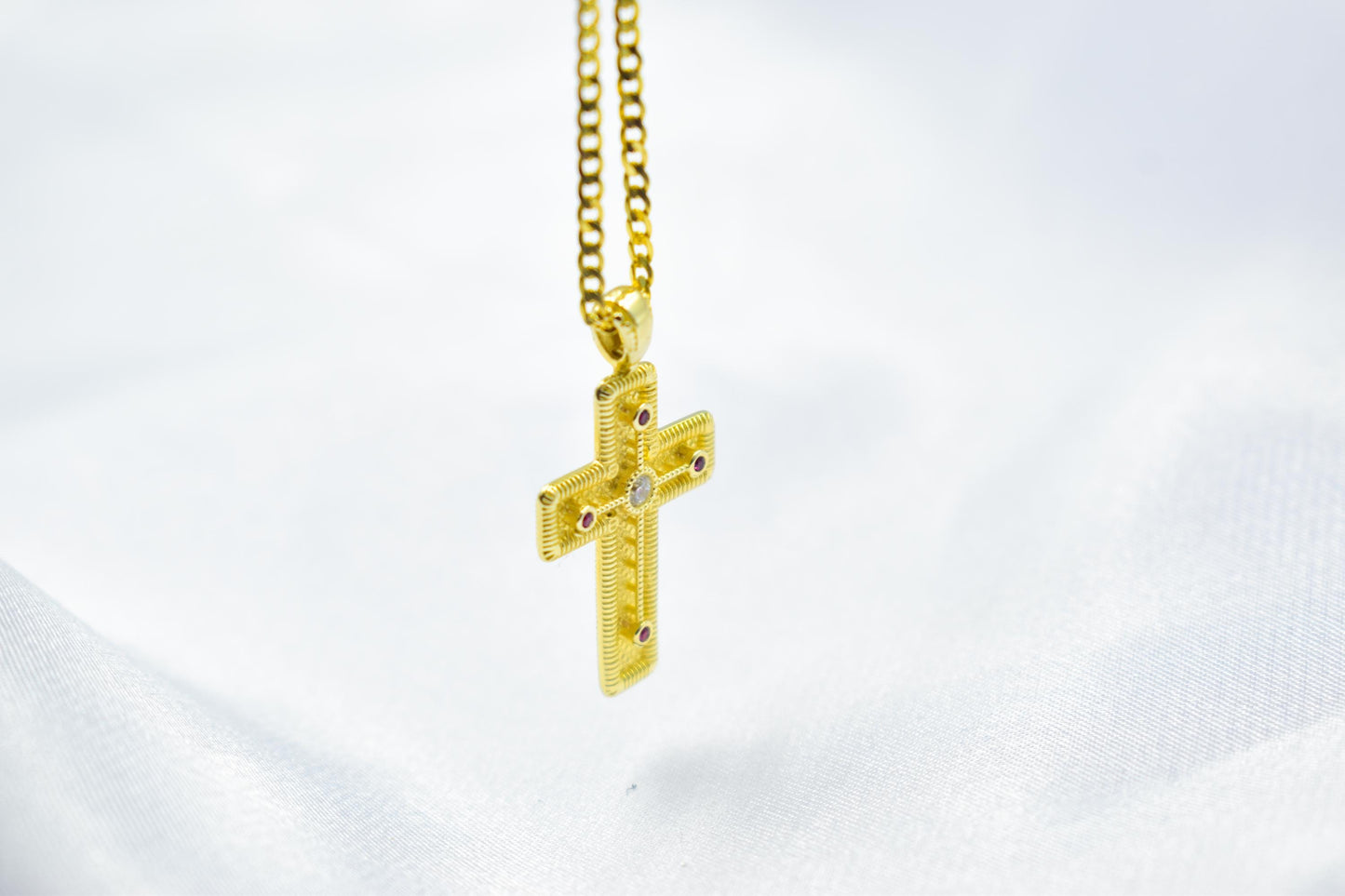 γυναικα 14K Gold Orthodox Cross Pendant with Red & White Zircons | Double-Sided Design,Handmade Religious Jewellery | Baptism Gift Ready, 14K Chain