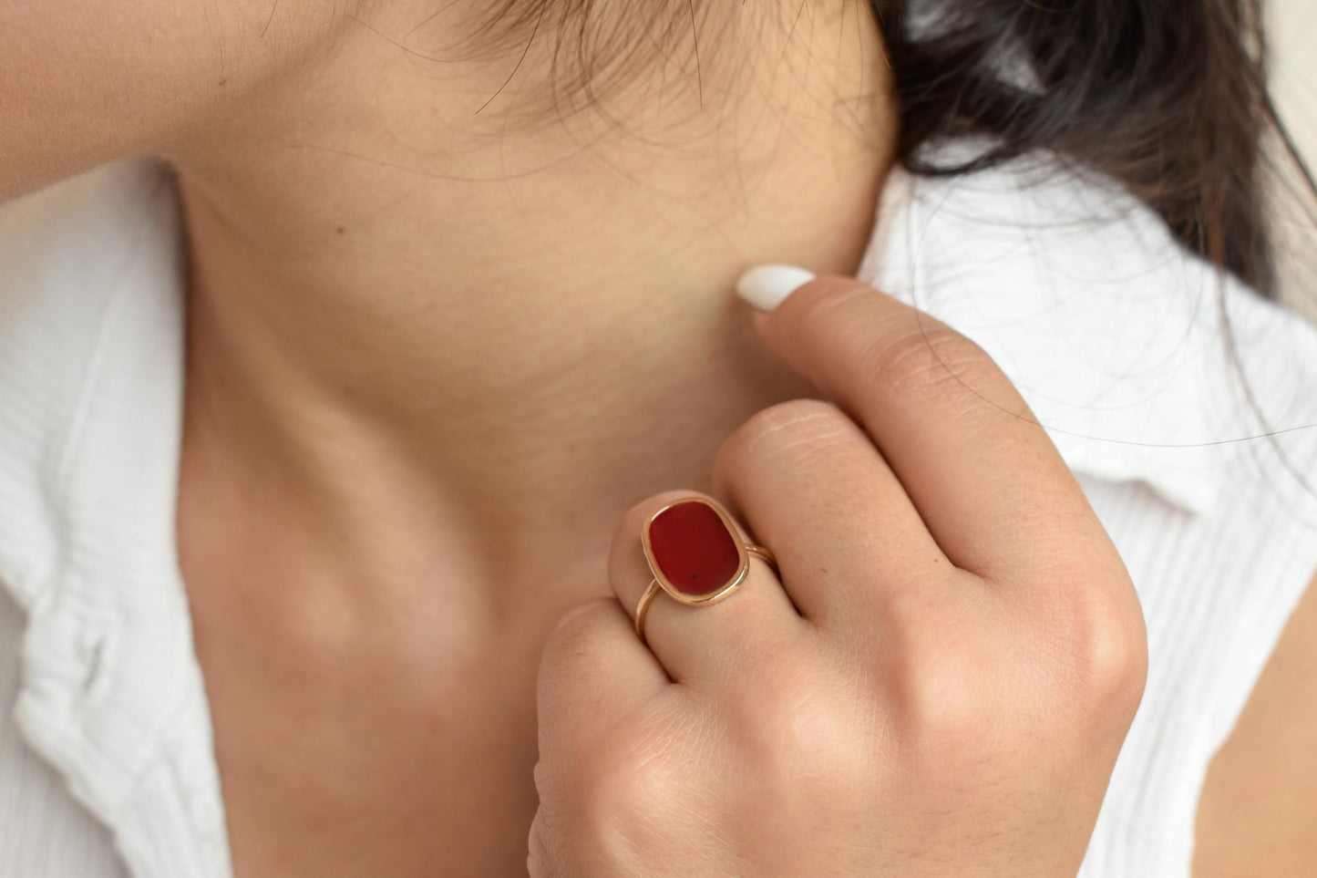 Χειροποίητο Οβάλ Δαχτυλίδι με Κόκκινο Σμάλτο Κ14