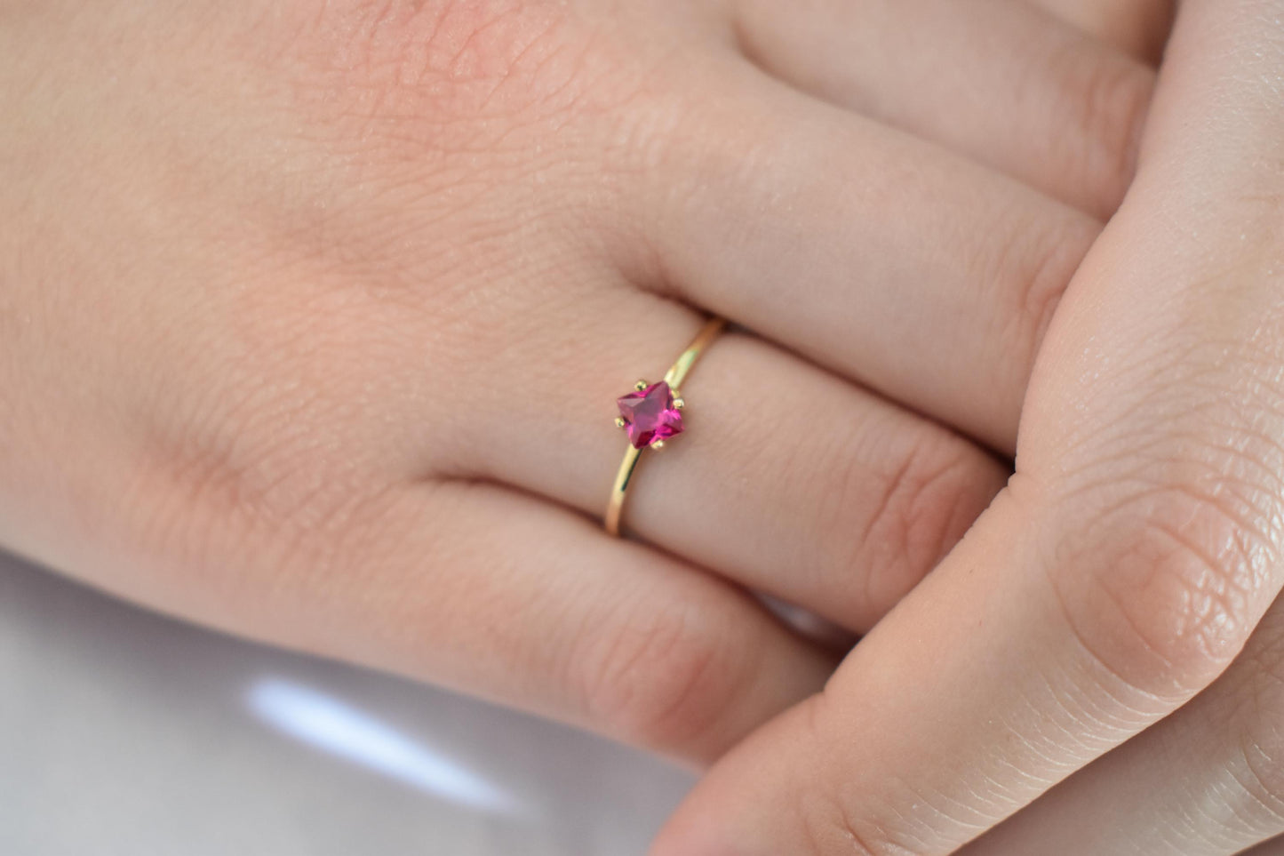 14K Solid Gold Thin Minimalist Ring–Square Deep Pink Zircon,Stackable Jewellery Gold Ring,14K Wedding & Engagement Stacking Ring for Her