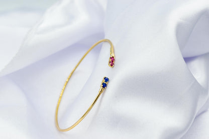 14K Gold Birthstone Cuff Bangle Bracelet,Natural Ruby and Sapphire Bracelet,Exclusive Minimalist Bracelet,Wedding & Engagement Gift for Her