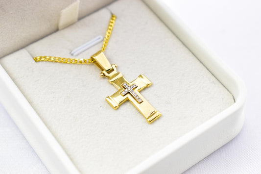 γυναικα 14K Solid Gold Cross Pendant with Sparkling Zircon Inner Cross,Orthodox-Inspired Design,Optional 14K Chain,Women’s Men’s Cross,Baptism Gift