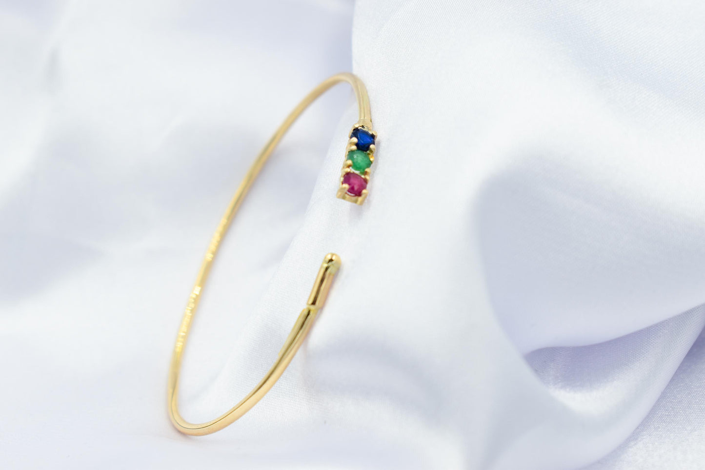 14K Gold Bracelet with Natural Ruby-Emerald-Sapphire,Dainty Cuff Bangle,Perfect Gift for Her,Minimalist Bracelet,Wedding & Engagement Jewel