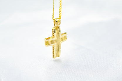 Ανδρικοί Σταυροί 14K Gold Polished Cross Pendant with Textured Center | Elegant Double-Sided Design | Men’s & Women’s Necklace Option , Baptism Gift