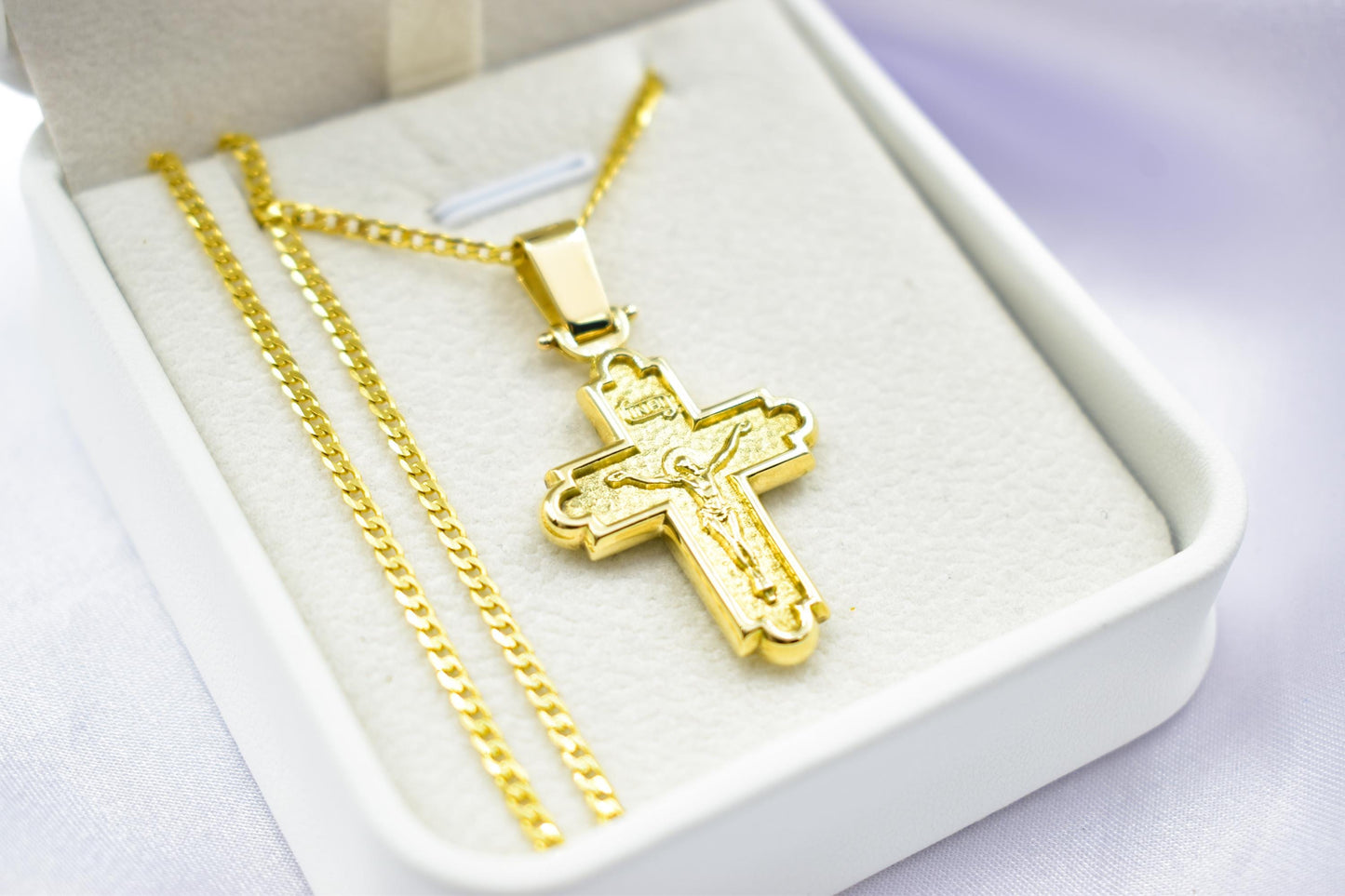 Ανδρικοί Σταυροί 14K Solid Gold Crucifix Cross Pendant – Raised Jesus Figure – Double-Sided – Embossed Back –14K Gold Chain Option–Orthodox Christian Jewelry