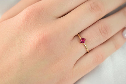 14K Solid Gold Thin Minimalist Ring–Square Deep Pink Zircon,Stackable Jewellery Gold Ring,14K Wedding & Engagement Stacking Ring for Her
