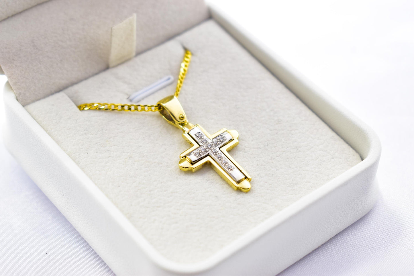 γυναικα 14K Solid Gold Cross Pendant White Zircon Stones,Two-Tone Yellow-White Gold Finish,Optional 14K Chain,Elegant Christian Gift for Men & Women
