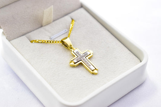 γυναικα 14K Solid Gold Cross Pendant White Zircon Stones,Two-Tone Yellow-White Gold Finish,Optional 14K Chain,Elegant Christian Gift for Men & Women