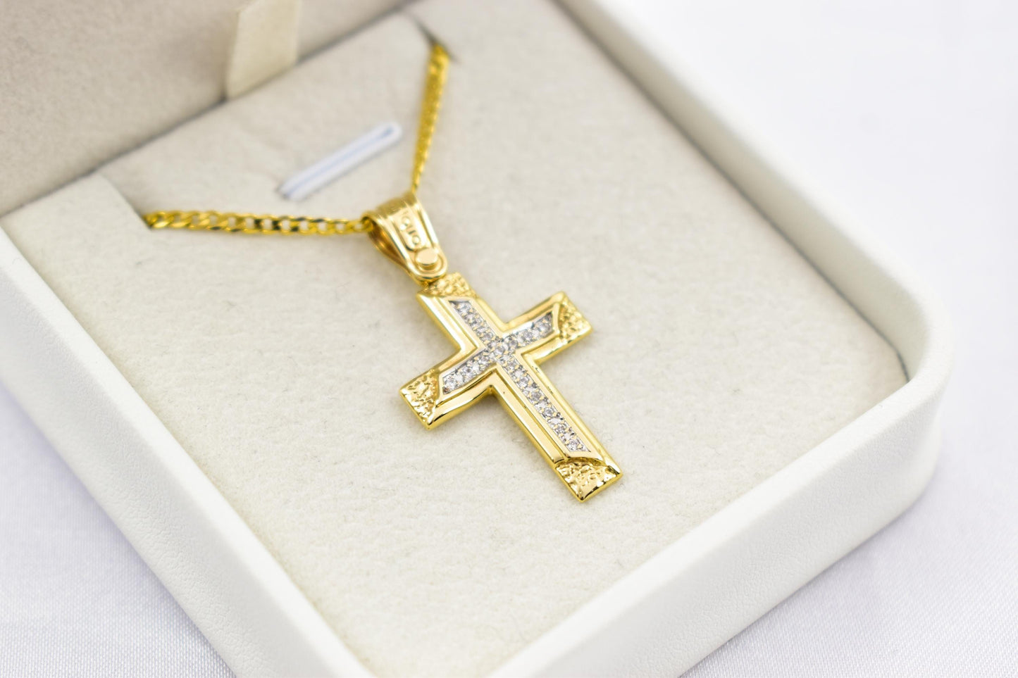 γυναικα 14K Solid Gold Cross Pendant with Zircon Stones – Unisex Baptism Religious Necklace Gift for Him or Her