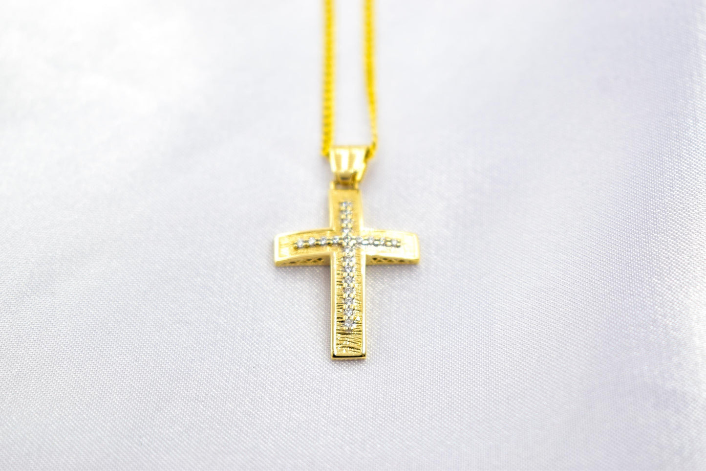 γυναικα 14K Gold Cross Pendant with Zircon Stones | Handcrafted Christian Jewellery | Dual-Sided Design | Includes 14K Gold Chain,Baptism Gift