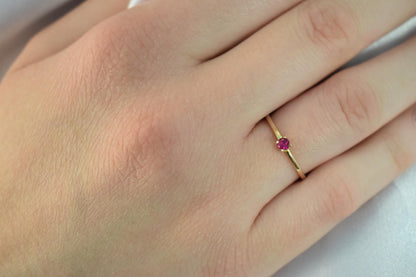 14K Solid Gold Thin Minimalist Ring–Deep Pink Zircon,Stackable Jewellery Gold Ring,14K Wedding & Engagement Stacking Ring,Gift for Her