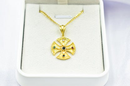 Βυζαντινός Στρογγυλός Σταυρός με πολύχρωμα Ζιργκόν Κ14