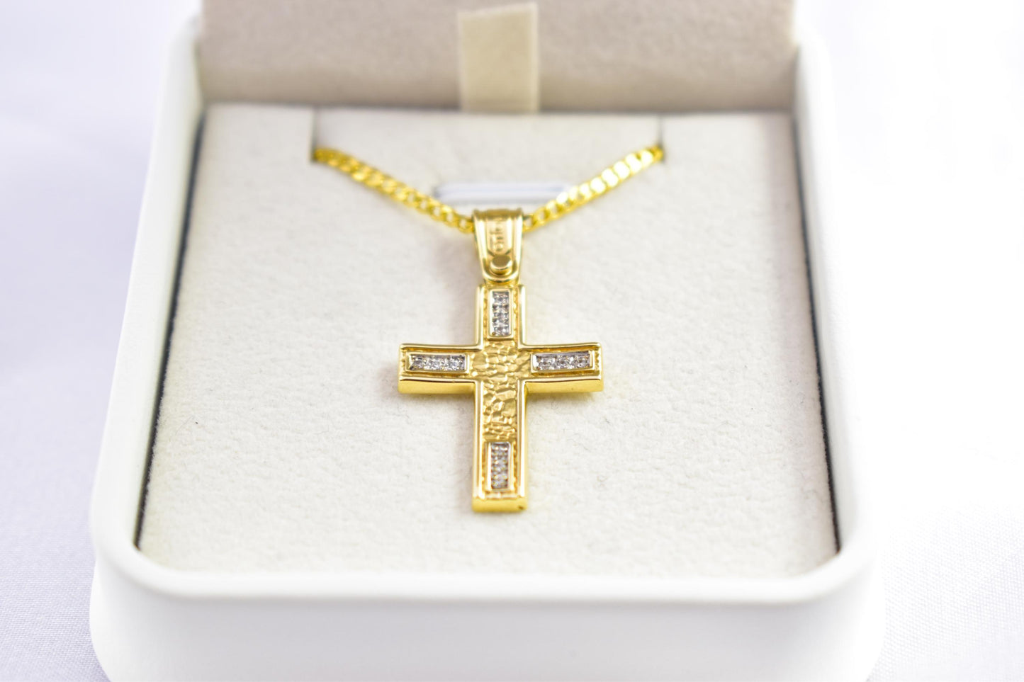 γυναικα 14K Solid Gold Cross Pendant with Zircon,Hammered Texture,Optional 14K Chain,Handmade Religious Jewellery,Women’s Men’s Cross,Baptism Gift