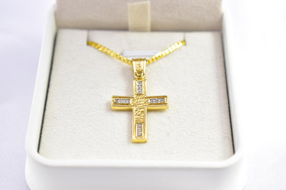 γυναικα 14K Solid Gold Cross Pendant with Zircon,Hammered Texture,Optional 14K Chain,Handmade Religious Jewellery,Women’s Men’s Cross,Baptism Gift