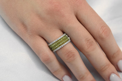 18K Solid Gold Ring with Two Rows of Rotating Peridots,Elegant Unique Design Stackable Jewellery Ring,18K Wedding & Engagement Ring for Her